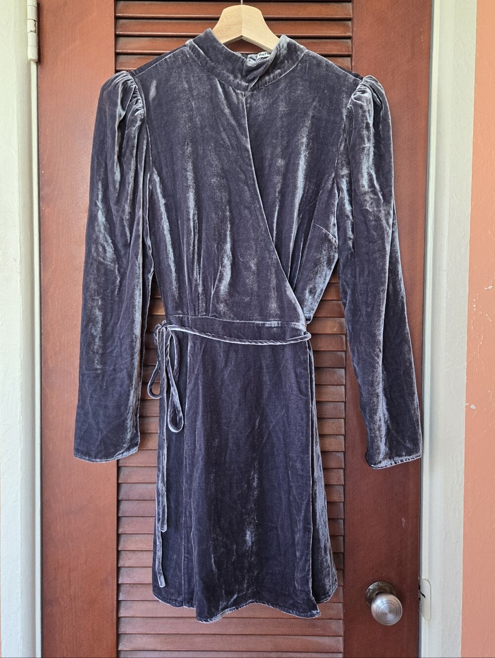 Reformation Ottessa Velvet Mini Wrap Dress, Color Slate, Size M Petite - Picture 3 of 13
